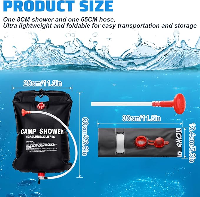 VIHOSE 6 Pcs Solar Shower Bags 5 Gallons/ 20 l Solar Heating Camping Shower Bags with Removable Hose for Camping Beach Swimming Outdoor Traveling Hiking Climbing(Black)