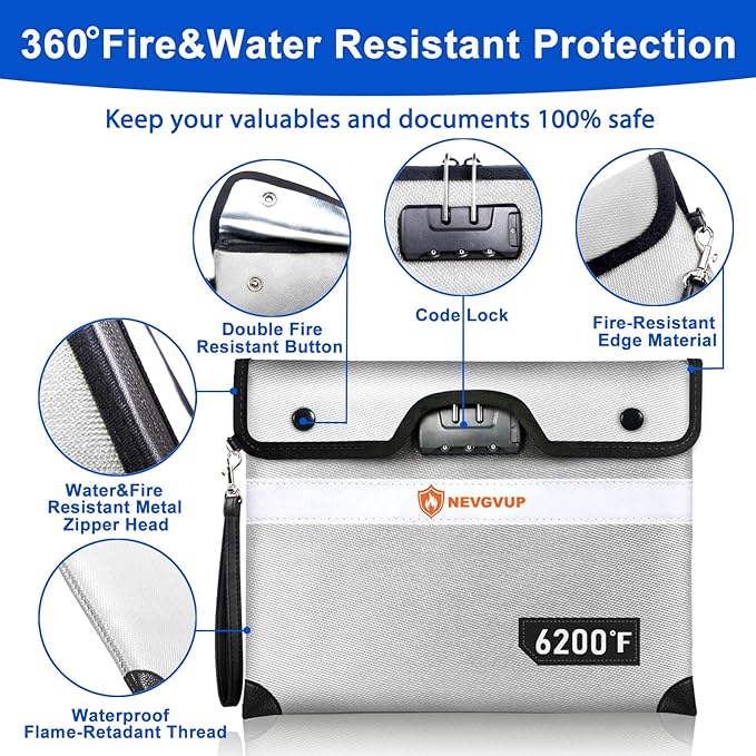 Upgraded 6200°F Fireproof Money Bag with Lock, Fireproof Bag w. Zipper/Reflective Strip, 9 Layers of Heat Insulated Material, Water Resistant Fire Proof Money Bag for Cash, Fire Bag for A5 documents