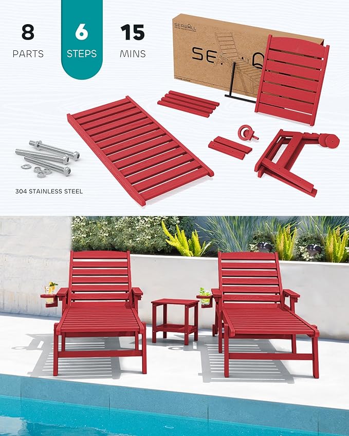 SERWALL Patio Chaise Lounge Chair Set of 2, 78'' Long 5-Positions Adjustable HDPE Outdoor Lounge Chair for Pool, Poly Lounge Chair with Rolling Wheels & Cup Holder for Poolside, Deck, Bright Red