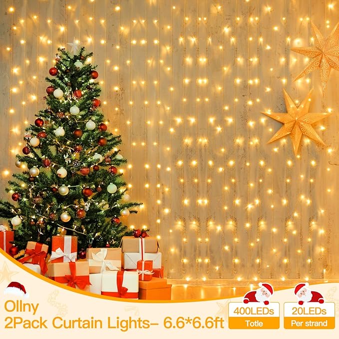 Ollny 2 Pack Curtain String Lights Warm White, 400LED 6.6x6.6ft Fairy Lights With Remote 8 Modes, Hanging Outdoor Waterproof, USB Power Wall for Bedroom Indoor Backdrop Window