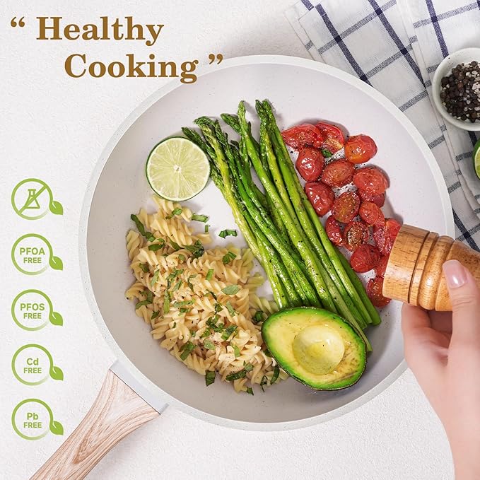 12 Pcs Pots and Pans Set Non Stick, Cookware Sets White Granite Induction Cookware, Non-toxic Healthy Nonstick Kitchen Cooking Set with Frying Pans Set, Saucepans (PFAS/PFOA/PFOS Free)