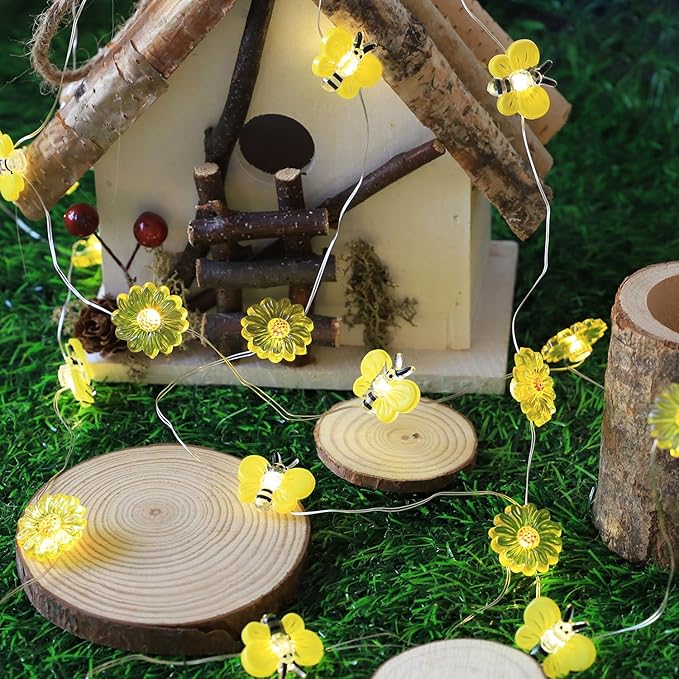 Bee Lights Sunflower Fairy Lights, Honeybee 30 LED Copper String Lights with 8Modes Remote Control&Battery Operated Twinkle Lights for Christmas, Bedroom Plants, Spring Decor (Bee&Sunflower)