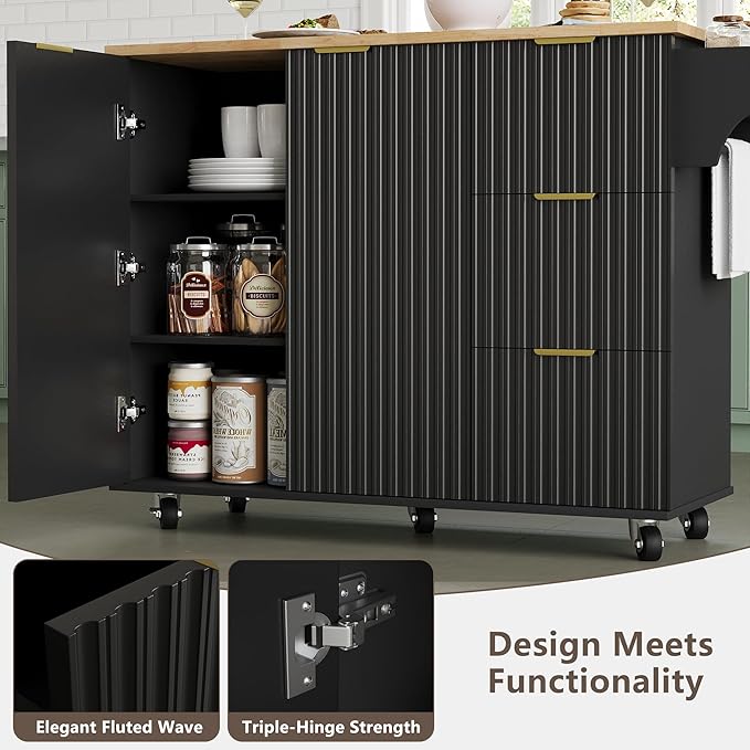 win2win Rolling Kitchen Island with Storage, Portable Kitchen Island with Drop Leaf Breakfast Bar, Modern Farmhouse Kitchens Cart on Wheels with Fluted Design, Towel Rack, Spice Rack, Black