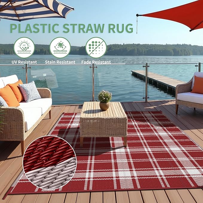 GENIMO Waterproof Outdoor Rug for Patio Clearance, 6'x9' Reversible Plastic Straw Rugs, Lightweight RV Camping Mat for Camper, Balcony, Deck, Backyard, Picnic, Red & White