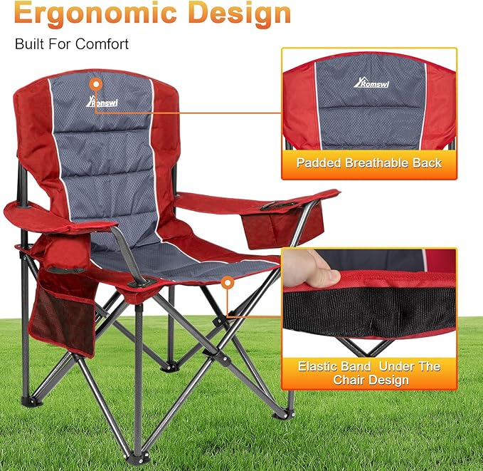 Romswi Oversized Camping Chairs,Heavy Duty Support 500 LBS,Padded Back & Arm Sport Chairs, Cup Holder Cooler Bag, Collapsible Folding Chairs for Outdoor, Fishing & Garden, Red,2-Pack