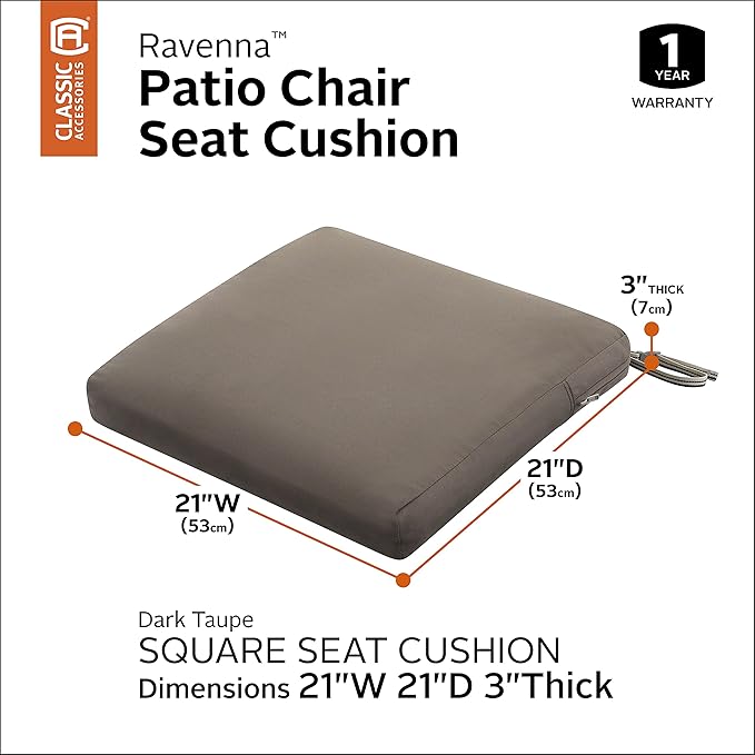Classic Accessories Ravenna Seat Cushion, 21x21x3 Inch (Pack of 1), Dark Taupe 4 Sq Ft, Chair Seat Cushion