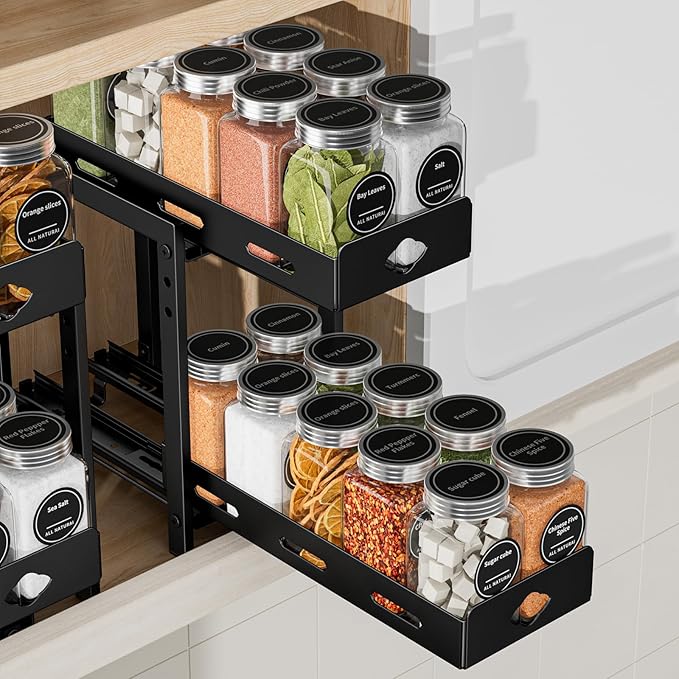 Pull Out Spice Rack Organizer, 2-Tier Vertical Spice Rack, Height Adjustable for Kitchen Cabinet (5.3''Wx10.8''Dx9.2''H, Metal Black)