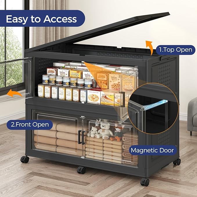 200GAL Extra Large Storage Bins with Lid, 800Qt Stackable Closet Organizers and Drawers, Collapsible Storage Bins with Wheels, Folding Storages Cabinet for Home Bedroom Office, 4Pack Black