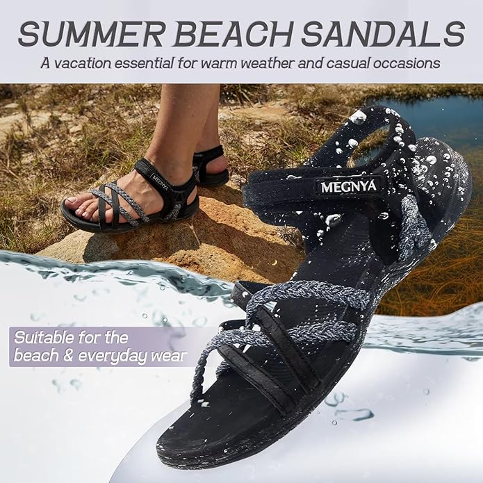 MEGNYA Hiking Sandals for Women, Arch Support Comfortable Walking Sandals Hook Loop Strap, Sports Lightweight Slides