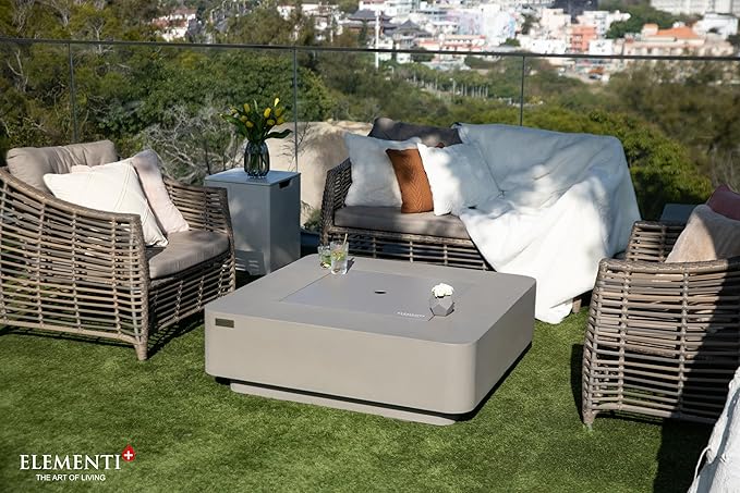 Elementi+ | Lucerne Gas Fire Pit Cast Concrete 42" Square Fire Table, Outdoor Fire Pit Electronic Ignition | Canvas Cover, Fire Glass and Burner Lid Included | Light Gray | Natural Gas