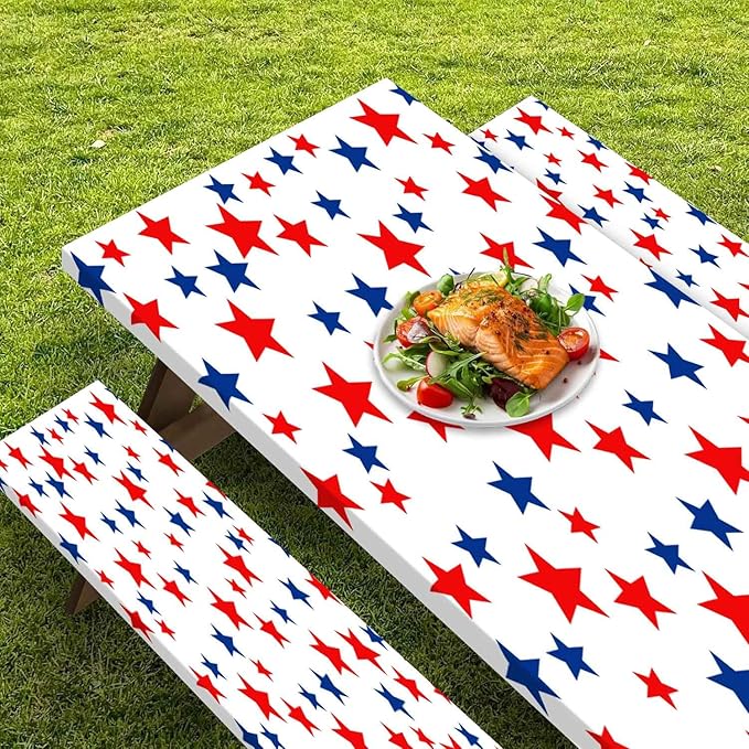 CAPSCEOLL Picnic Table Cover with Bench Covers 8Ft 4Th of July Waterproof Camping Tablecloth All-Weather Outdoor Table Protector with Drawstring Bag for Camping Essentials, 96X30In, Stars