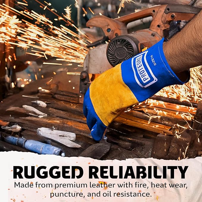 14” Welding Gloves – Heavy-Duty Heat & Flame Resistant Cowhide Leather, Kevlar-Stitched, 932℉ Protection for MIG, Stick, Forge, Fireplace, BBQ, Wood Stove (𝐁𝐥𝐮𝐞/𝐘𝐞𝐥𝐥𝐨𝐰)