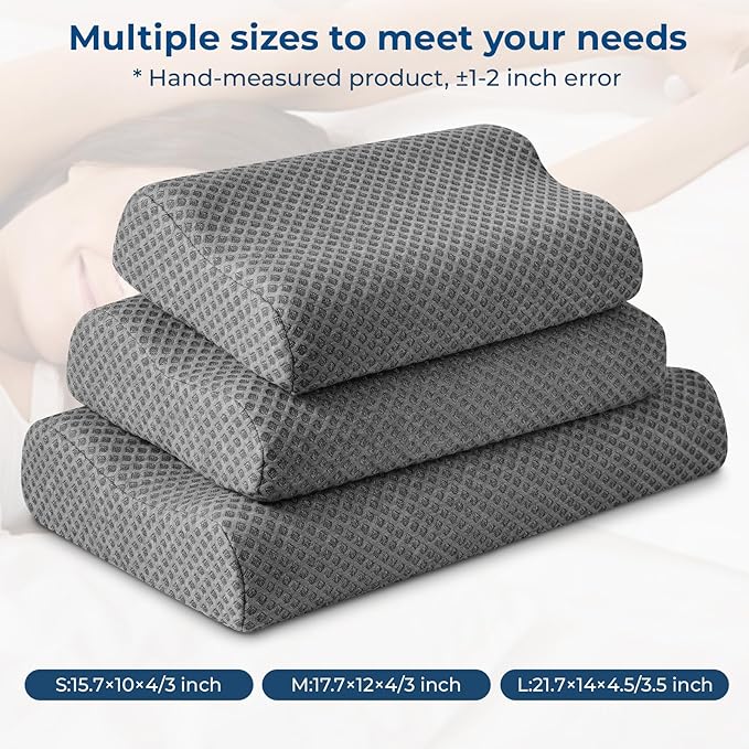 Travel Pillow Memory Foam Pillows, Ergonomic Wave Cervical Neck Pillow for Neck Pain Relief, Compressible Medium Firm Side Sleeper Pillow, Ideal for Camping, Office, Home & Bed (Dark Grey, L)