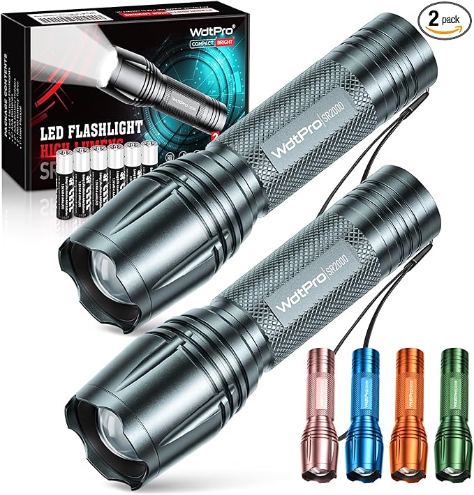 WdtPro LED Flashlight High Lumens SR2000 Pro, 2 Pack Brighter Tactical Flashlights with 5 Modes & Zoomable, Powerful Mini Flash Light for Emergency, Camping, Hiking (Grey)