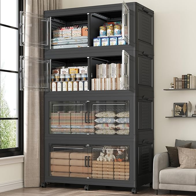 160GAL Extra Large Storage Bins with Lid, 640Qt Stackable Closet Organizers and Drawers, Collapsible Storage Bins with Wheels, Folding Storages Cabinet for Home Bedroom Office, 4Pack Black