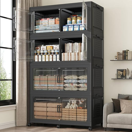 160GAL Extra Large Storage Bins with Lid, 640Qt Stackable Closet Organizers and Drawers, Collapsible Storage Bins with Wheels, Folding Storages Cabinet for Home Bedroom Office, 4Pack Black