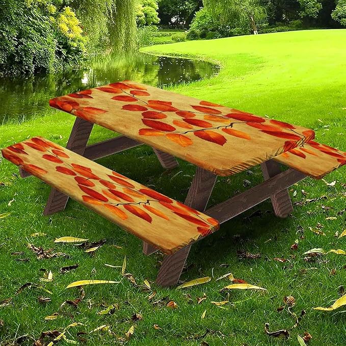 CAPSCEOLL Fitted Picnic Table Cover with Bench Covers with Elastic 8Ft Waterproof Camping Picnic Table Cover Cloths for Outdoors Camping Tablecloth with Drawstring Bag, 96X30in, Burnt Orange Leaves