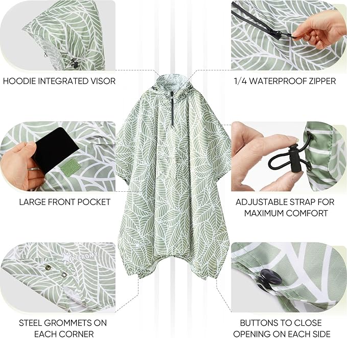 PTEROMY Hooded Rain Poncho for Adult with Pocket, Waterproof Lightweight Unisex Raincoat for Hiking Camping Emergency