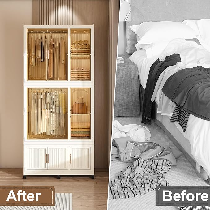 Portable Wardrobe Closet Storage Organizer, Plastic Collapsible Closet Organizer with Transparent Magnetic Door, for Bedroom Living Room,Easy Assemble,7 Cubes & 2 Hanging Rod