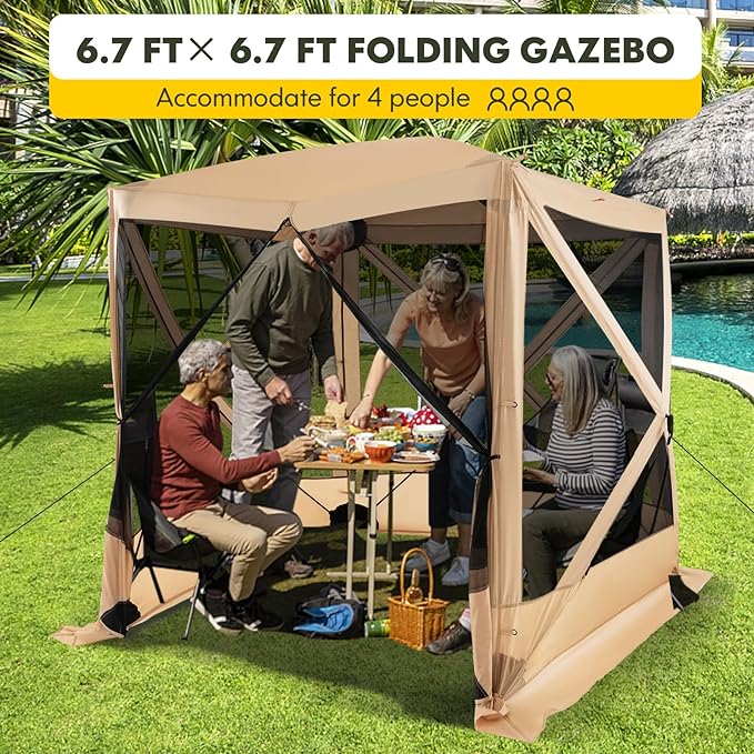 Tangkula 6.7x6.7 Ft Pop Up Gazebo with Netting, Portable Screen Tent with 4 Sided Mesh Walls, 2 Sunshade Cloths, UV 50+ Instant Canopy Shelter with Carry Bag for Camping, Lawn, Backyard