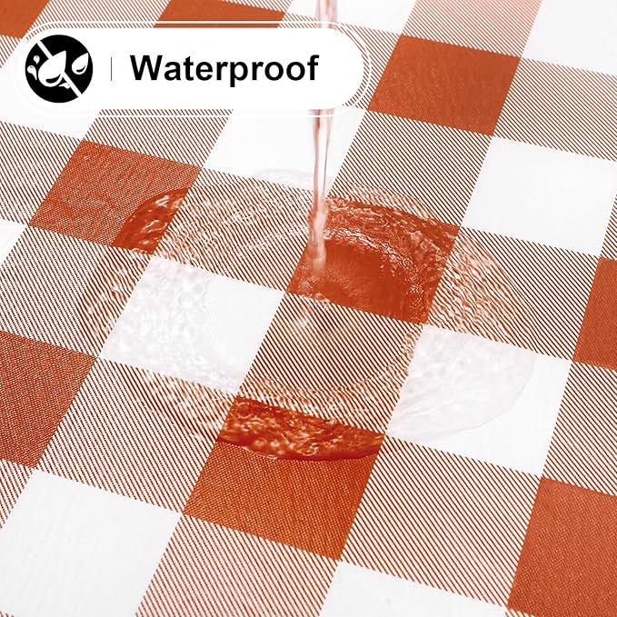 misaya Square Waterproof Vinyl Table Cloth, Buffalo Flannel Backed Tablecloth, Wipeable Plastic Table Cover for Dinner, Kitchen, Picnic, (60" x 60", Rust and White)
