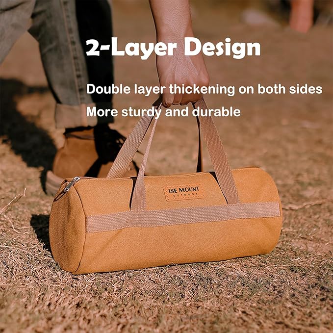 Tent Stakes Bag, Double Layer Tent Pole Pegs Storage Bag, Camping Accessories Large-Capacity Canvas Tool Bag with Zipper for Man Camping, Hiking (35cm Khaki)
