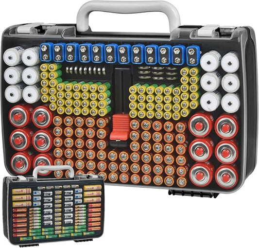 Battery Organizer Storage Holder Case with Double-Sided, Garage Box with Tester Checker. Batteries Container for 269pcs AA AAA AAAA 3A 4A 9V C D Lithium 4LR44 CR2 CR123A CR1632 CR2032 18650 - Black