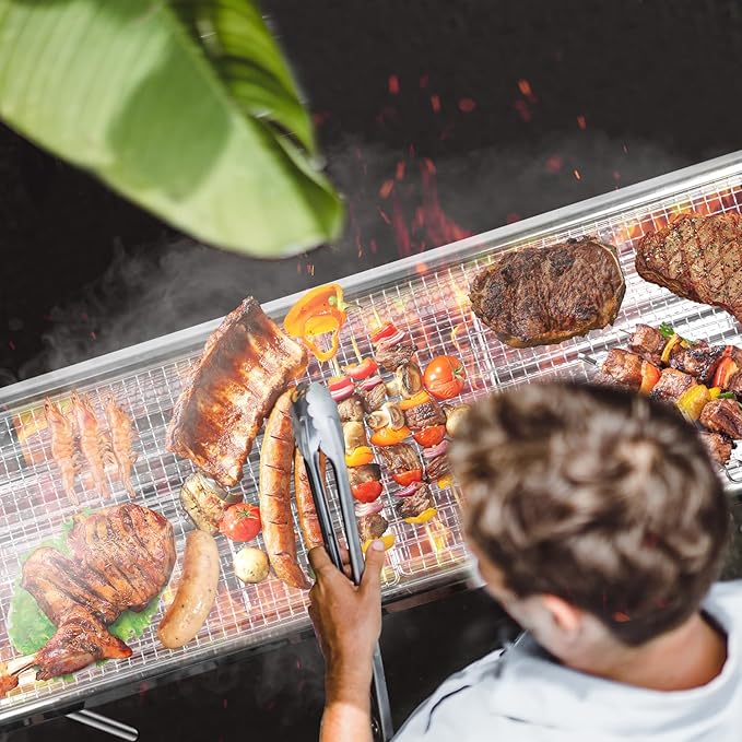 Portable Charcoal Grill, Foldable Stainless Steel Grill with Storage Shelf and non-slip feet - ideal for outdoor Kabob cooking, picnics and camping (lager)