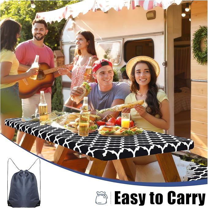 Smiry Picnic Table Cover with Bench Covers, Waterproof Elastic Fitted Tablecloth for 6 Foot Tables, Washable Polyester Tablecloths for Camping, Indoor & Outdoor (Black Morocco, 30x72 Inch 3-pc Set)
