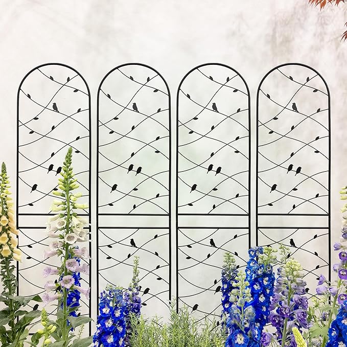 Metal Garden Trellis Rustproof Trellis for Climbing Plants Outdoor Flower Support Bird Deco (Black-4 Pack, 86.7"x19.7")