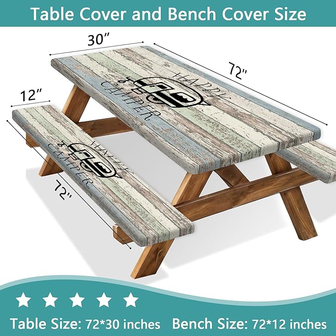 JAWO Picnic Table Covers with Bench Covers Camping Tablecloth 6FT for 6 Person Fitted Picnic Table Cover with Elastic Windproof Waterproof Fabric, Camping Accessories Patio & Outdoor, 3-PCS Set