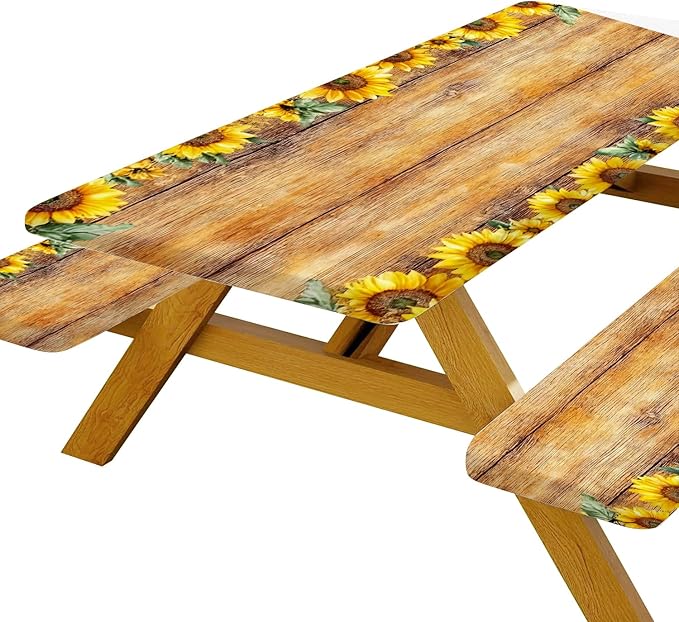 Picnic Table Cover with Bench Covers, Sunflower Wood Grain Pattern Elastic Edges, Waterproof Windproof Fitted Tablecloth, for Outdoor Camping Patio Garden, Includes Drawstring Bag, 60 in