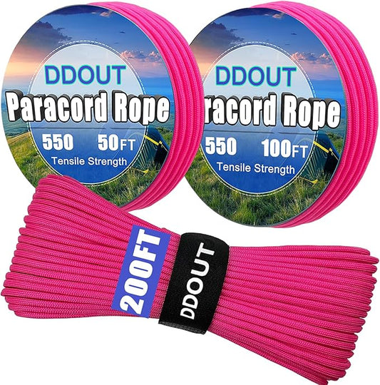Paracord Nylon Rope Pink 50FT with 7-Strand Core, 10 Colors and 50/100/200 ft, Type III Parachute Cord 4mm for Camping, Survival, Hiking, DIY, Crafting, Outdoor Utility Rope