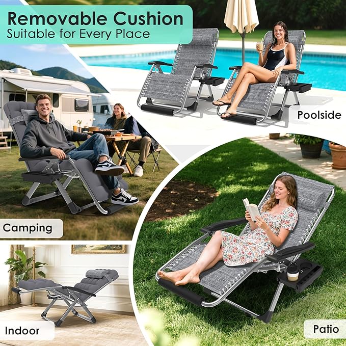 Suteck Oversized Zero Gravity Chair,33In XXL Lounge Chair w/Removable Cushion&Headrest, Reclining Camping Chair w/Upgraded Lock and Footrest, Reclining Patio Chairs Recliner for Indoor Outdoor,500LBS