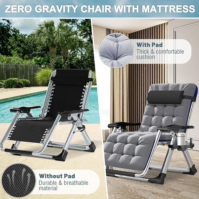 ABORON Oversized Zero Gravity Chair,29In XL Premium Outdoor Lawn Folding Lounge Chairs,Sturdy Adjustable Reclining Patio Chairs with Removable Cushion,Headrest & Tray