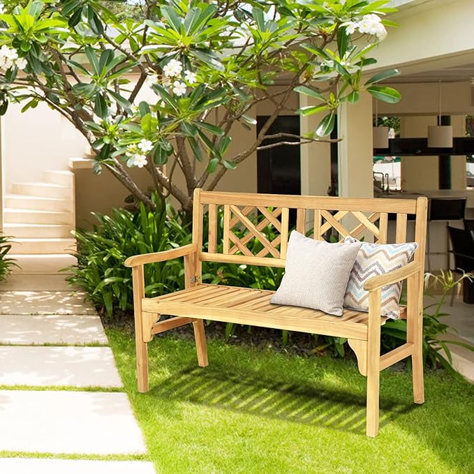 Tangkula Folding Outdoor Wood Garden Bench, Foldable Acacia Wood Patio Bench with Wide Curved Armrest & Backrest, Outside 2-Person Loveseat Chair for Entryway, Yard, Deck, Balcony & Park