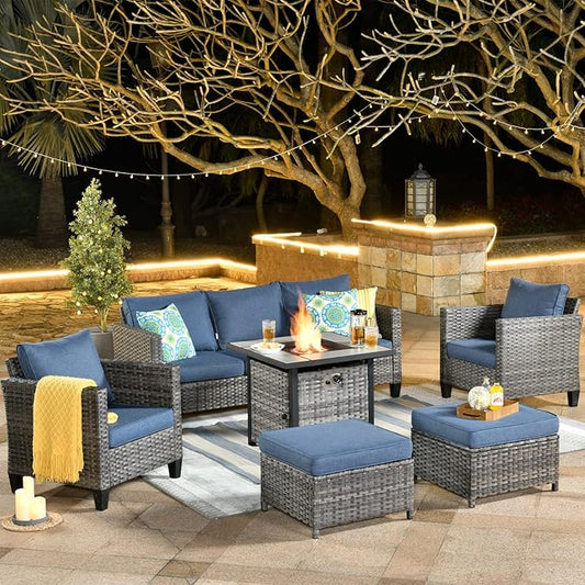 ovios 6 Pieces Patio Furniture Set with 30" Fire Pit Table, Outdoor Wicker Sofa with Comfy Cushions, All Weather High Back Rattan Couch Conversation Set, Denim Blue