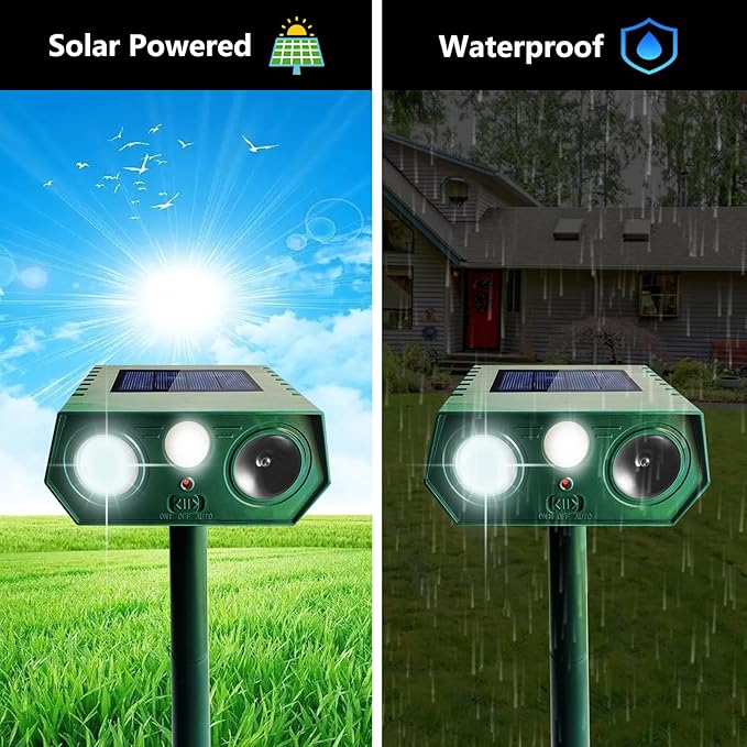 4 Pack 2025 Solar Animal Repeller Deer Repellent Devices Ultrasonic Cat Repellent Outdoor Motion Activated Animal Deterrent for Squirrel Rabbit Raccoon Skunk Dog Bird with Flash Lights for Yard Garden