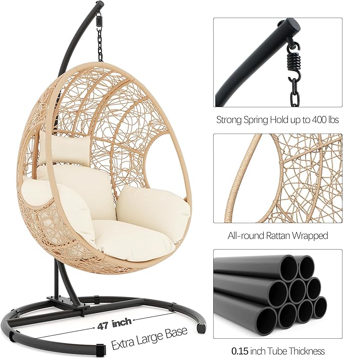 Oversized Hanging Egg Chair Set of 2 Outdoor Indoor, Wicker Swing Egg Chair with Stand 400lbs Capacity for Bedroom, Patio, Garden and Balcony