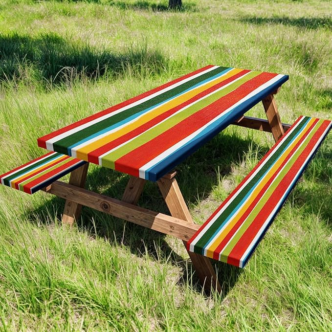 JAWO Picnic Table Covers with Bench Covers Modern Stripe Camping Tablecloth 8FT for 8 Person Fitted Picnic Table Cover with Elastic Windproof Waterproof Fabric, Camping Accessories Patio & Outdoor