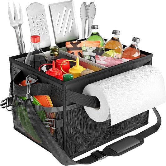 FANGSUN Grill Caddy, BBQ Caddy with Paper Towel Holder, Picnic Griddle Caddy for Outdoor Camping, Barbecue Accessories Storage Organizer for Utensil Grilling Tool, Must Have for Camper Tailgating Rv