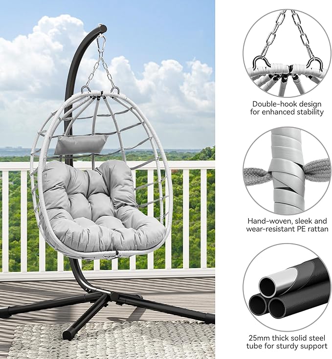 YITAHOME Egg Chair Swing Hanging Outdoor Wicker Hammock Chairs Indoor with Steel Stand Durable Cushion 330lbs for Patio, Bedroom, Garden and Balcony - Gray