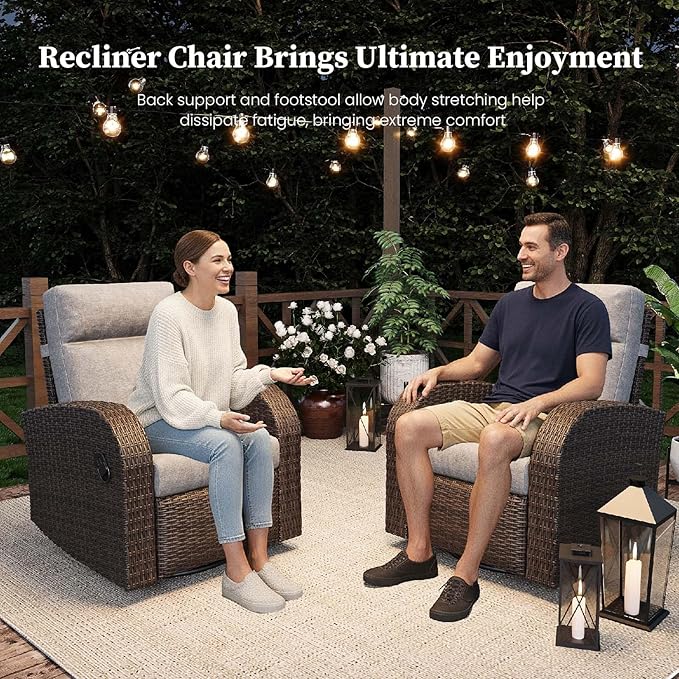 Outdoor Wicker Recliner Chair High Back Patio 360°Swivel Reclining Lounge Chair with 6-Inch Thick Cushion