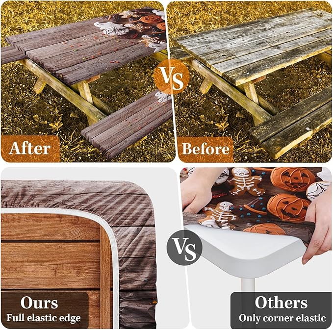 Picnic Table Cover with Bench Covers Elastic Edges, Halloween Skeleton Fitted Table Cover, Outdoor Camping Essentials 72 Inch 3PCS, Waterproof Camping Fitted Tablecloth with Drawstring Bag