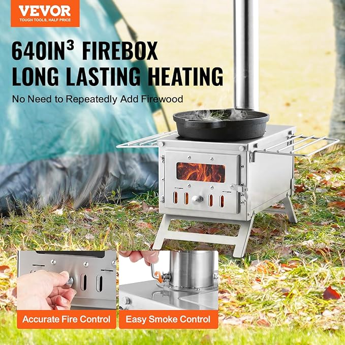 VEVOR Camping Wood Stove Stainless Steel Camping Tent Stove, Portable Wood Burning Stove with Chimney Pipes & Gloves, 700in³Firebox Hot Tent Stove for Outdoor Cooking and Heating with 8 Pipes