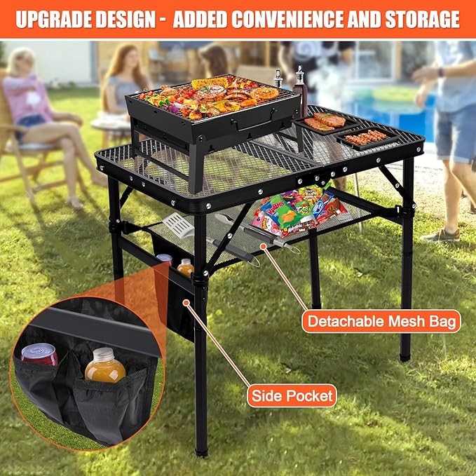 QuliMetal Small Portable Folding Grill Table with Adjustable Height & Mesh Desktop, Lightweight Camping Table – Perfect for BBQ, Picnic, Beach, & Indoor Use – Compact, Durable & Easy to Carry, Black