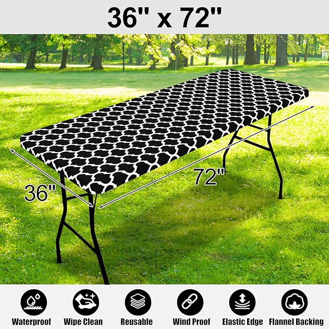 Smiry Rectangle Picnic Table Cover, Waterproof Elastic Fitted Camping Tablecloths for 6 Foot Tables, Wipeable Flannel Backed Vinyl Tablecloth Protector for Indoor, Outdoor (Black, 36x72 Inches)