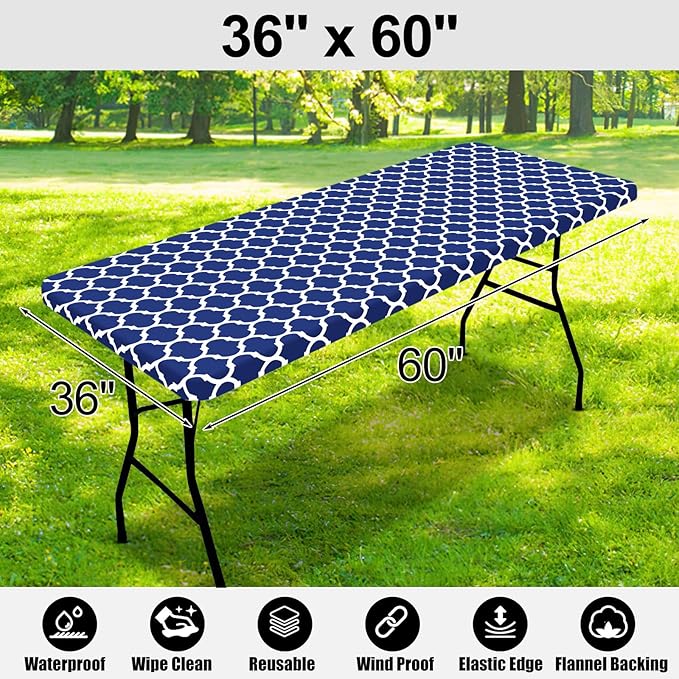 Smiry Rectangle Picnic Table Cover, Waterproof Elastic Fitted Camping Tablecloths for 5 Foot Tables, Wipeable Flannel Backed Vinyl Tablecloth Protector for Indoor, Outdoor (Navy, 36x60 Inches)