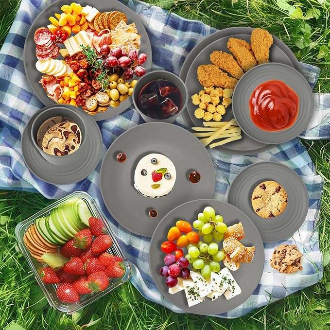 40Pack plates and bowls sets for kitchen - Unbreakable wheat straw dinnerware sets service for 8 - Alternative plastic 40pcs dish sets for picnic,camping and R.V. - (Grey)