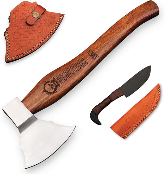 Bearded Viking Axe with Gift Viking Knife Also Leather Sheath | HandForged Carbon Steel bushcraft Hatchet | Vikings Heaven Valhalla (Throwing, Camping, Splitting, Chopping, Hiking) (Axe - 01)